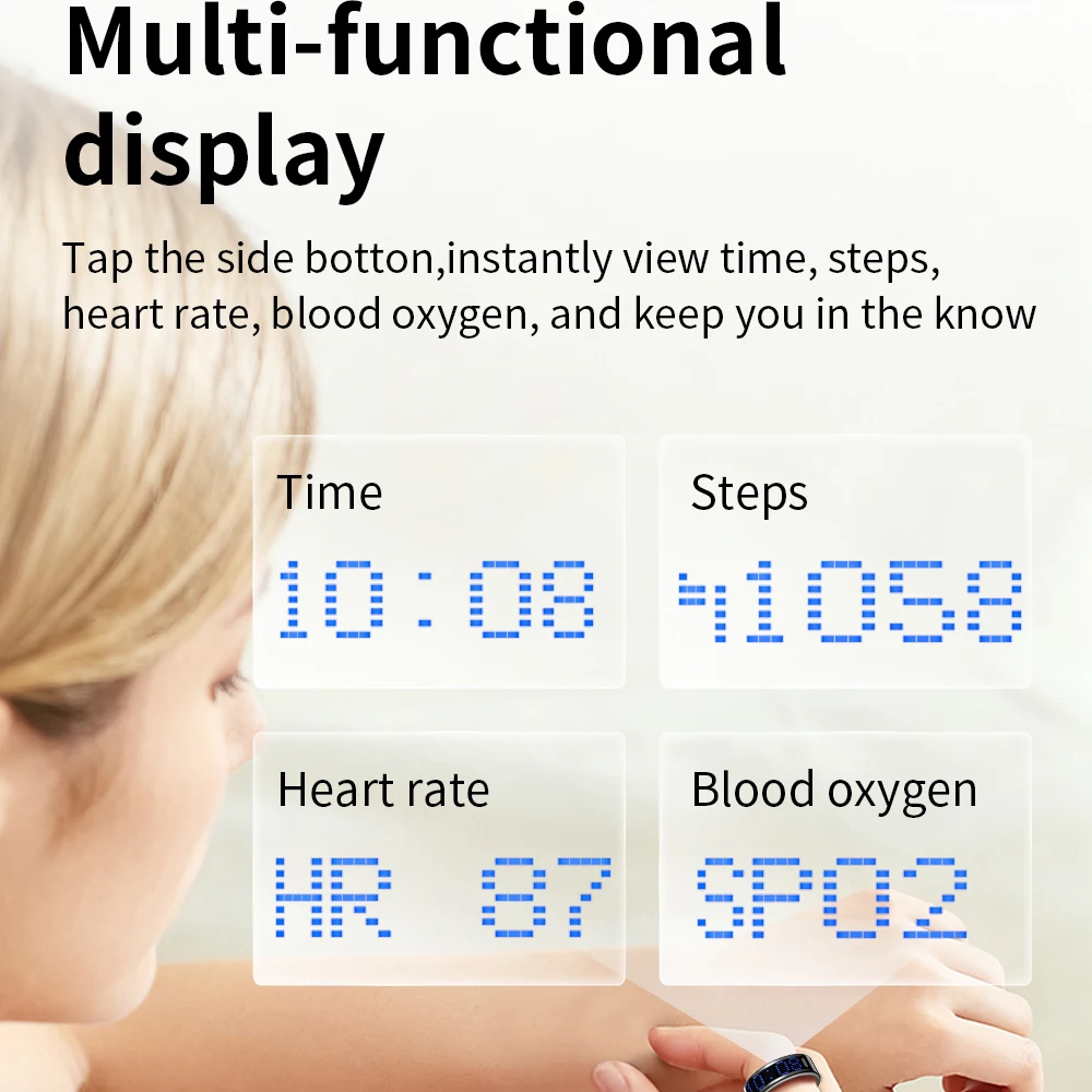 حلقة ذكية رفيعة للغاية وخفيفة الوزن، شاشة عرض متعددة الوظائف، معدل ضربات القلب، النوم، الصحة، معرف المتصل، تذكير، كشف الحركة، مقاوم للماء