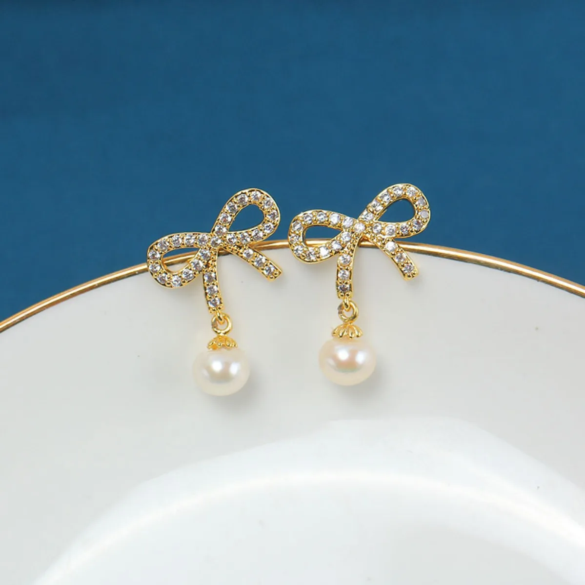Sweet Elegant Women Brass 14K Gold Filled Bow CZ Blank Setting Handmade Findings For DIY Pearl Stud Earring