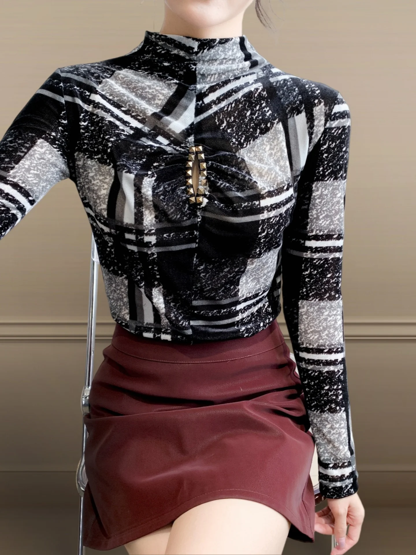 Col haut dentelle Svel évider perlé moi Base irt femmes coupe ajustée longue Sve T-shirt Faionable petit irt