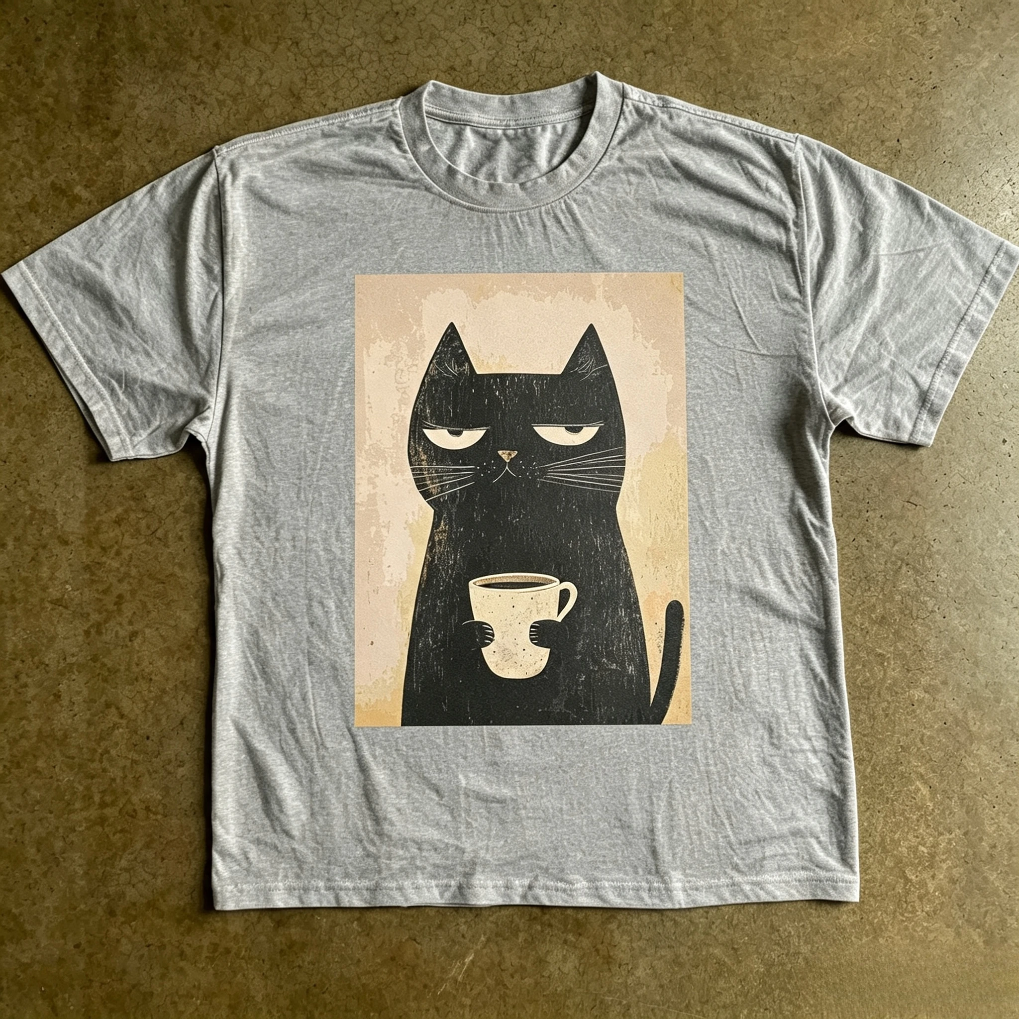 Black Cat with Coffee Cup Graphic T-shirt Men Women Vintage Cat Art Print Short Sleeve Casual Streetwear Tops