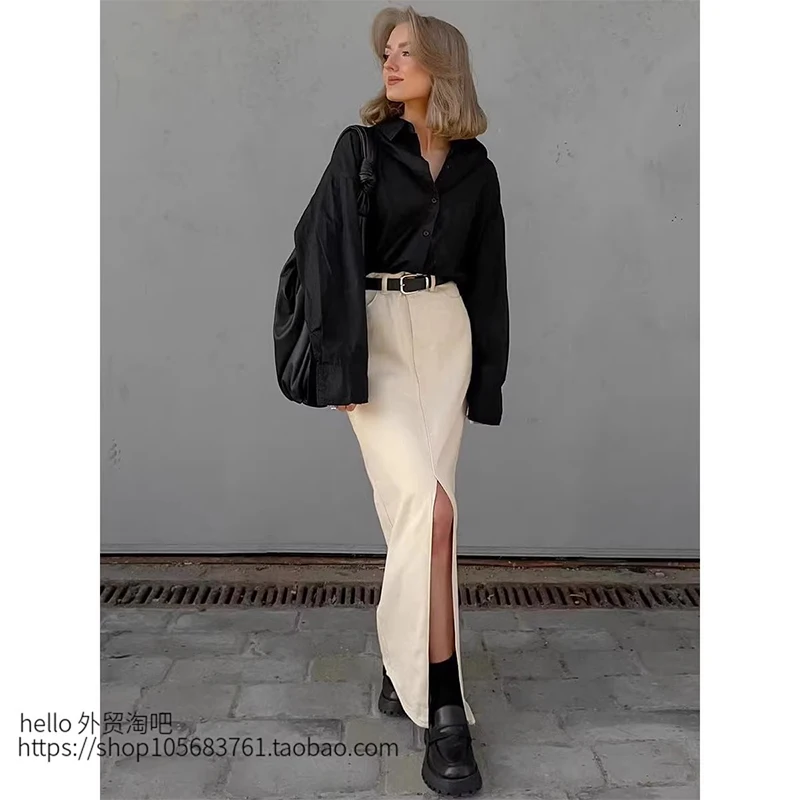 

2024 New Elegant High Waist Long Split Skirts Street Chic Apricot Mid-Calf Skirts Female Office Cotton Skirts Casual Straight