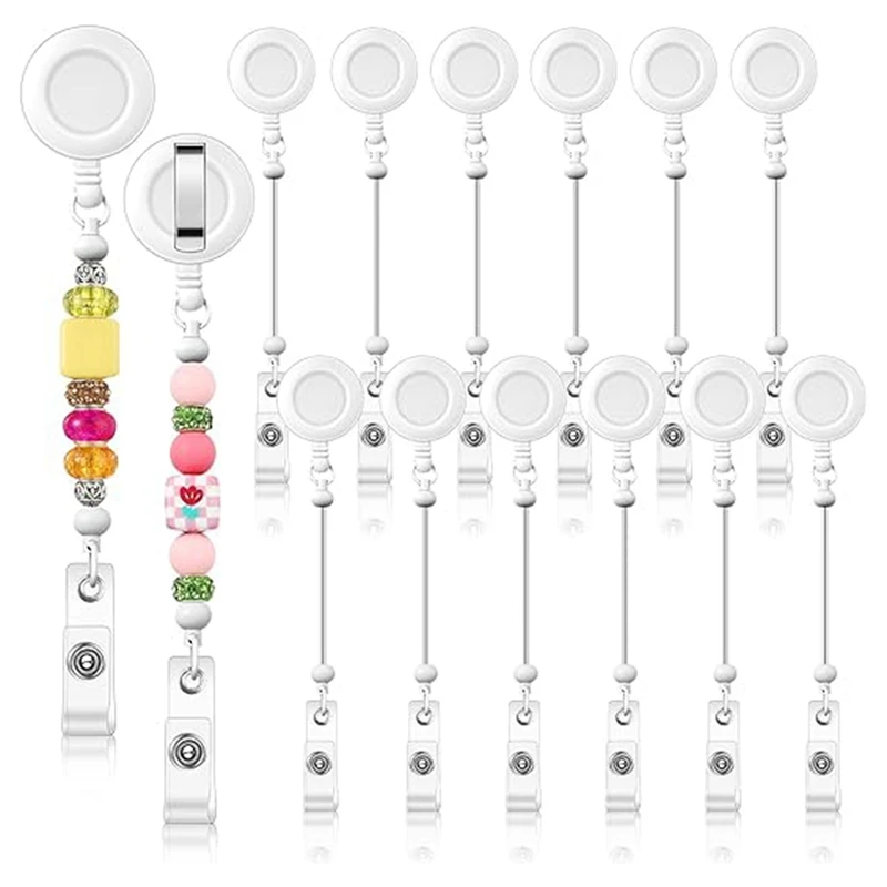 12 Pcs Beadable DIY Badge Reel Kit Retractable ID Name Badge Reel Clips Holder For Beads Blank Bar With Belt Clip