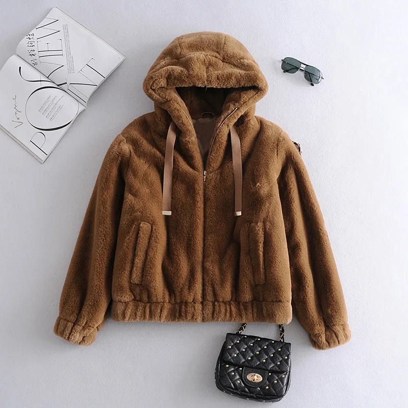 

Winter Full Zipper Hooded Puffer Jacket Short Coat with Pockets Womens Cropped Faux Fur Coat Winter Full Zip Fleece Jacket