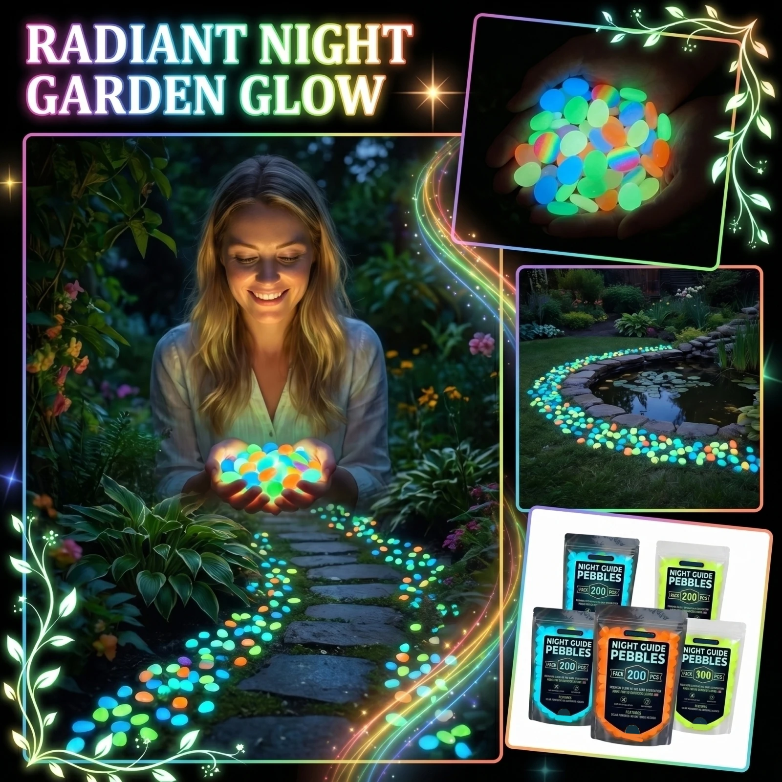 

200PCS Glow in the Dark Garden Pebbles Colorful Luminous Stones Decorative Pebbles for Yard Walkway and Outdoor Landscape