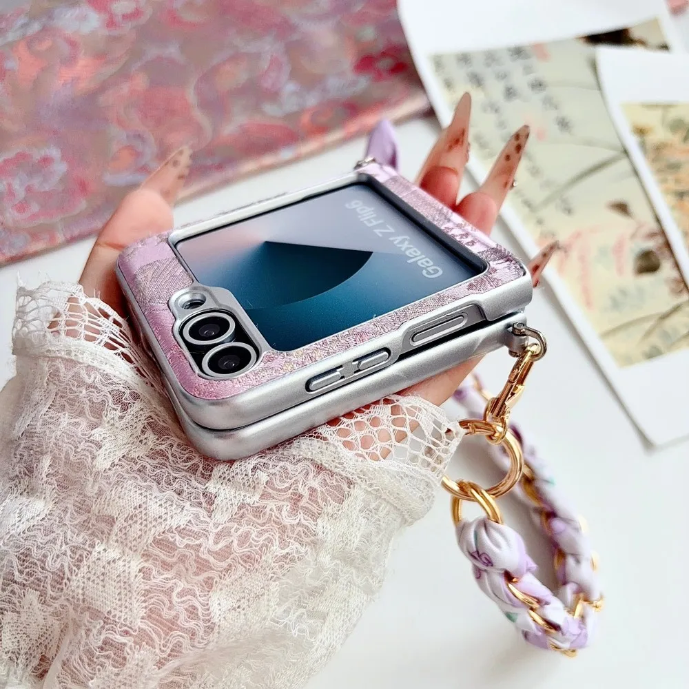 For Samsung Galaxy Z Flip 6 7 FE 8 Embroidery Butterfly Phone Case Axis Hinge Protective PC Shell Bracelet Back Cover