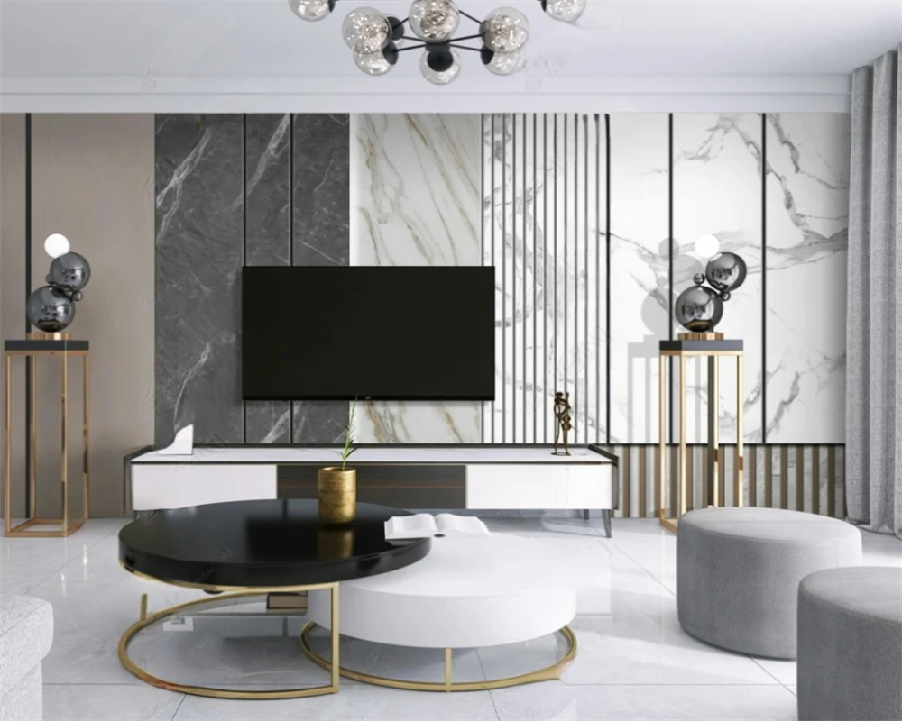 

beibehang papel de parede Customized modern new jazz white marble grain wood grille combination TV background wallpaper