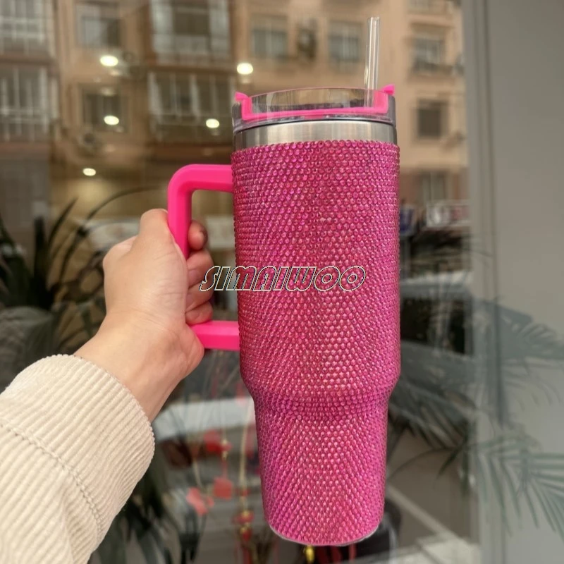 DIY Rhinestone Ice Drink Tumbler Double Layer Vacuum Thermal Insulation Handle Cup Handmade Mosaic Art Bling-bling Shiny Gift