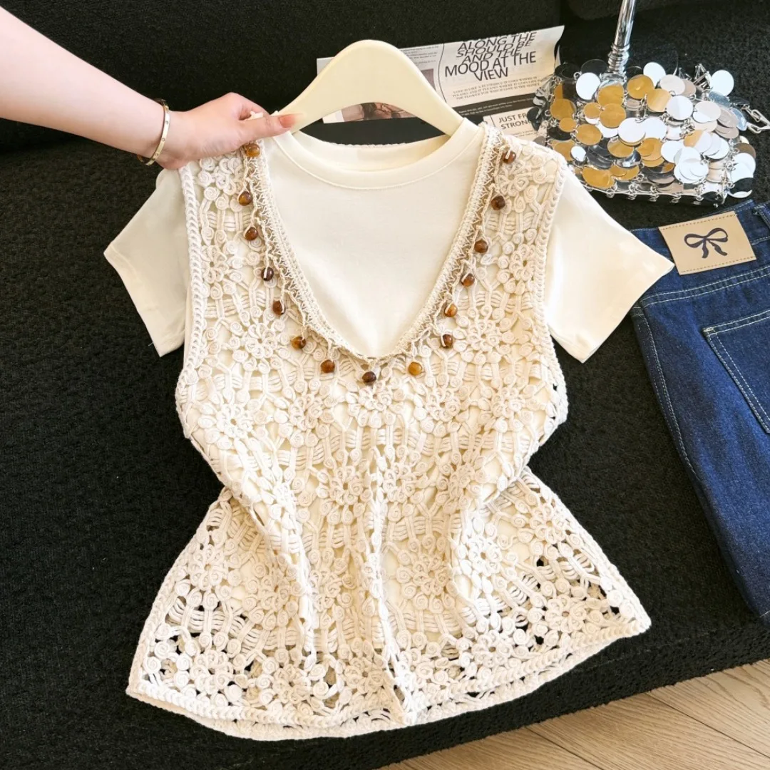 

Bohemian Style Heavy Knit Peach Tunic Top And White T-Shirt Set Women Summer Fashion Set Cotton Breathable Short Sleeve T-Shirt