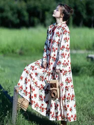 TIYIHAILEY Women Long Maxi Corduroy Dress Spring  Autumn Full Sleeve Printed White S-L New Fashion Lace up Ladies  A-line Loose