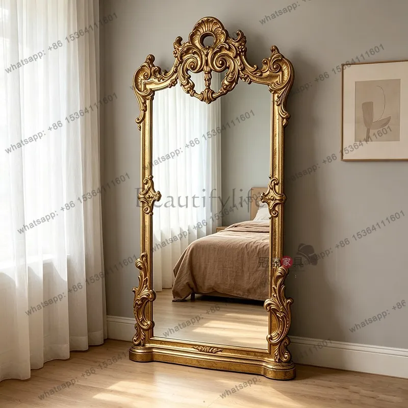 YJ Retro Carved Full Length Floor Mirror Classic Dressing Mirror for Villa Entry Living Room Bedroom