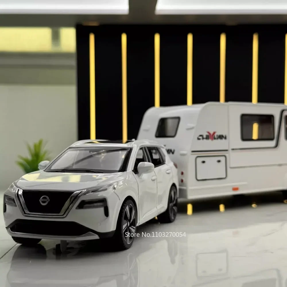 1:32 Alloy X-Trail Camping Trailer RVของเล่นรถDiecast 7 ประตูเปิดเสียงแสงดึงกลับของขวัญตกแต่งสําหรับชาย