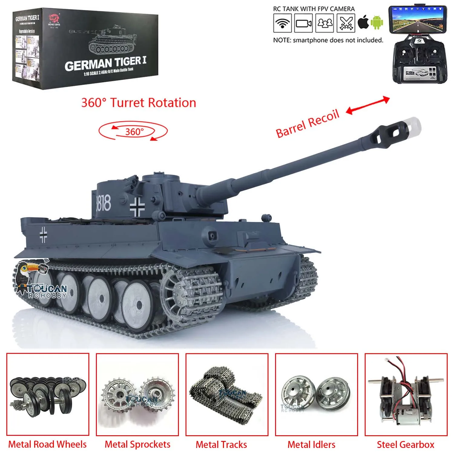 Pro Ver Heng Long TOUCAN 1/16 7.0 Tiger I RC Tank 3818 FPV Camera Barrel Recoil Metal Tracks Wheels BBs Airsoft IR Engine Sound