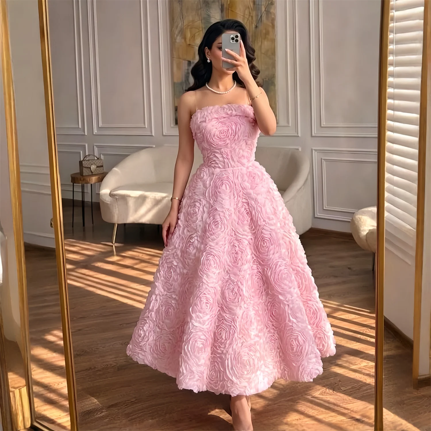 

EDECPBM Flowers Prom Dress Women Sexy American Style Pink Tulle Customized 2026 Women's Formal Evening Gowns New Collection