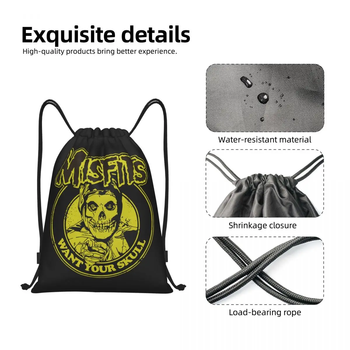 Horror Rock Roll Misfits Skull mochila con cordón para hombre y mujer, Mochila deportiva para gimnasio, saco de entrenamiento de Metal pesado plegable