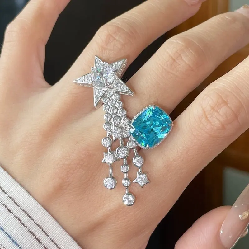 KQDANCE New Design 925 Sterling Silver Full Diamond Paraiba Sapphire Gold Plated Star Meteor Fashion Light Luxury Ring
