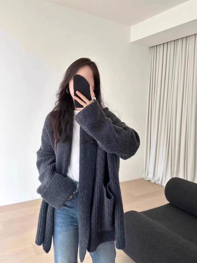 

Retro Lazy Knitted Jaet Women's Autumn Winter Medium Length Faion Korean Sle Soft ey Open Cardigan Sweater