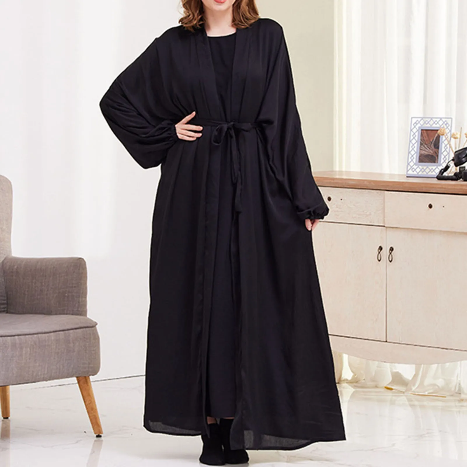 Women's Kaftan Abayas Muslim Dress Long Sleeve Robe Maxi Dress Solid Color Plus Size Casual Loose Kaftan Abayas Muslim Dress