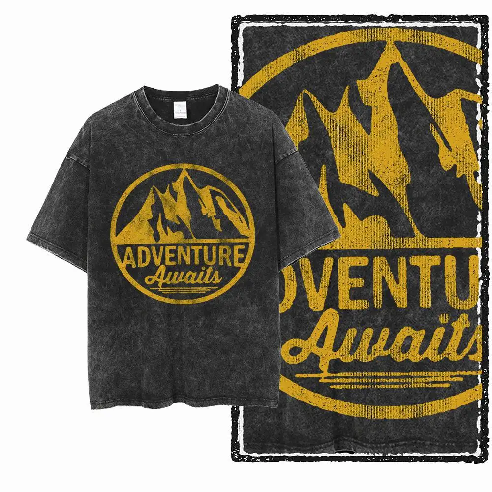 Men's Adventure T-Shirt Black Big Size Washed Distressed Outdoor Explorer Graphic Print Cotton T Shirt Unique Tee Shirt
