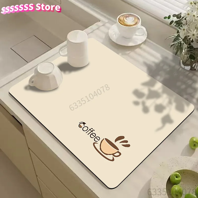 Dish Drying Mat, Coffee Pattern Drying Mat, Simple High-End Printed Drain Mat, Coffee Machine Mat, Kitchen Tableware Drying Mat,
