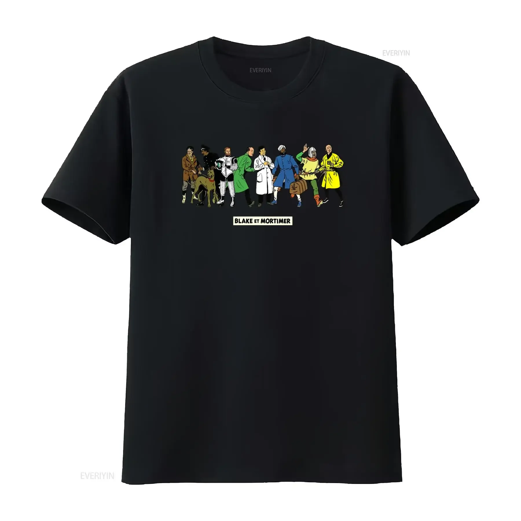 Camiseta de algodón 100% con personajes de Blake y Mortimer, azul, elegante, cómoda, estilo vintage, lavada, elástica, streetwear