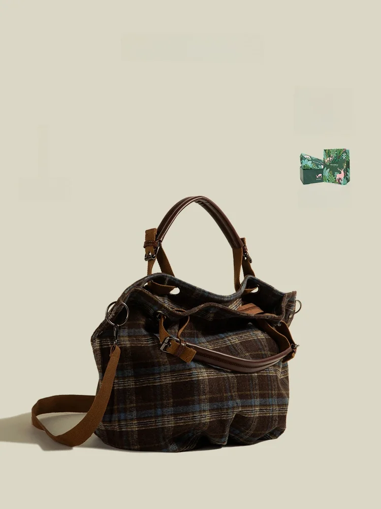 MuziKai Large Capacity Retro Plaid Commuter Tote Bag Women's 2026 New Spring Summer Crossbody Handbag Casual Simple Style