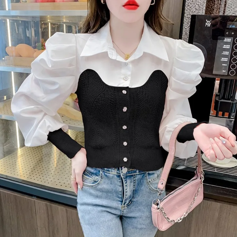 Women Stylish Knitted Patchwork Fake 2 Pieces Short Shirts Autumn Elegant Chic Sweet Blouses Female Casual Long Sleeve Slim Tops