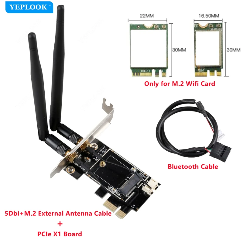 M.2 to PCIe 1x Desktop Wifi Adapter Card for Wifi Card AX210 AX200 AC9260 8265 8260 7265 7260 1535 QCNFA344 Free Bluetooth Cable