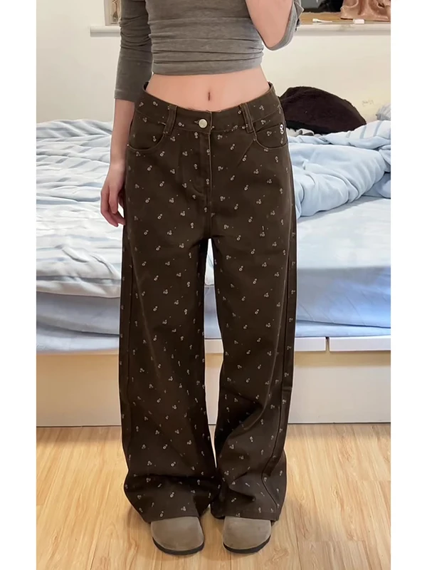 

Retro Brown Floral Wide Leg Jeans Women's Loose Fit Spring 2026 New Sle High Waist Denim Pants Casual Wear All Seasons