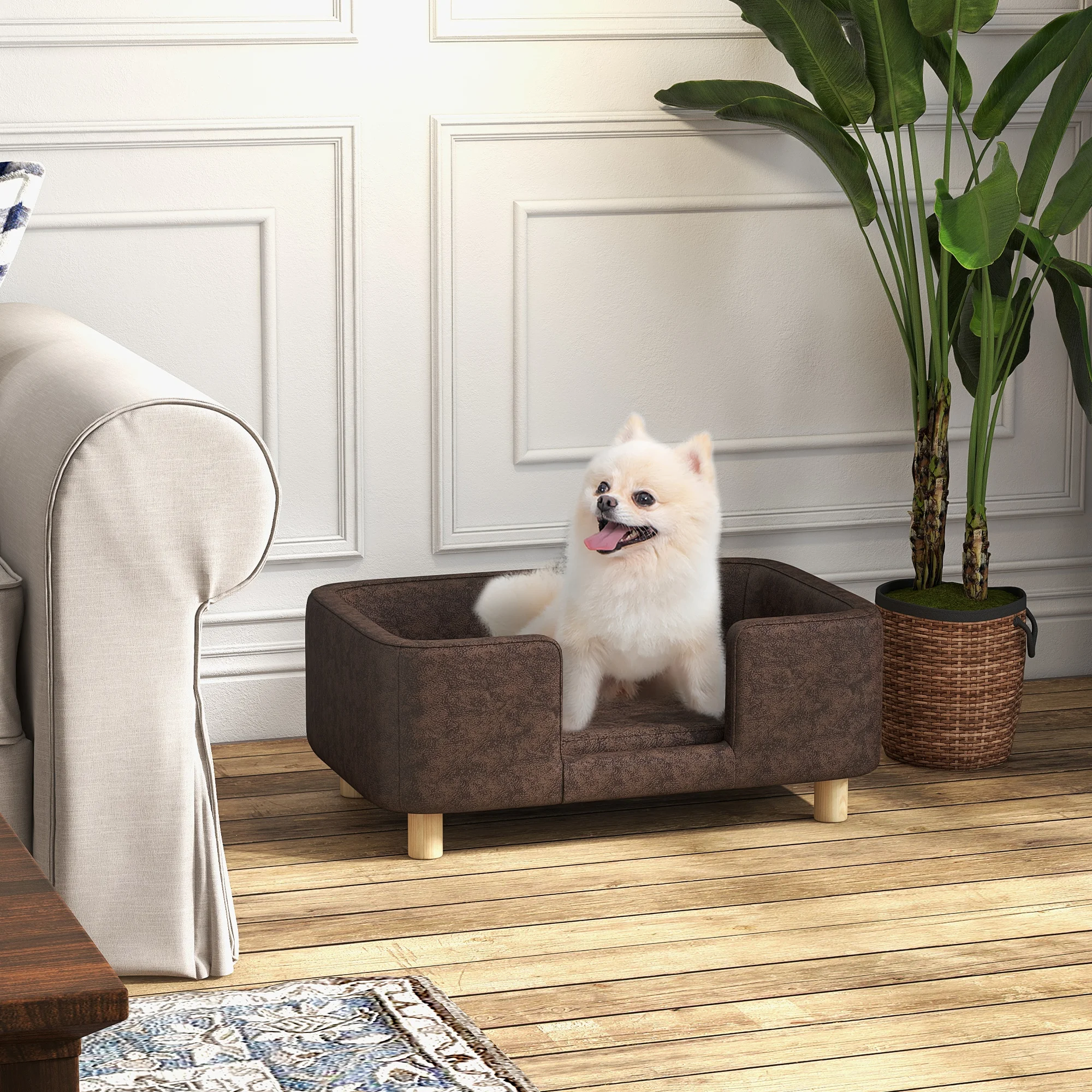 PawHut bank voor honden, honden- en kattenbed met gevoerde rand, comfortabel kussen, stevige drinkhokjes, zonwerend. 74x48,5x31 cm, microvezelcoating
