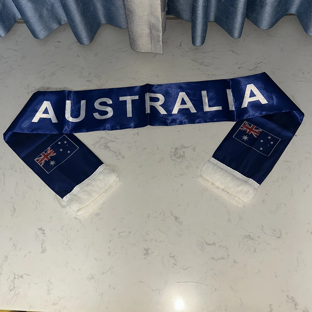 Australia Scarf 14x135cm Double-sided Printed Satin Australia Flag Scarf Tassels Suitable for 2026 Football Cup, Sports, Events