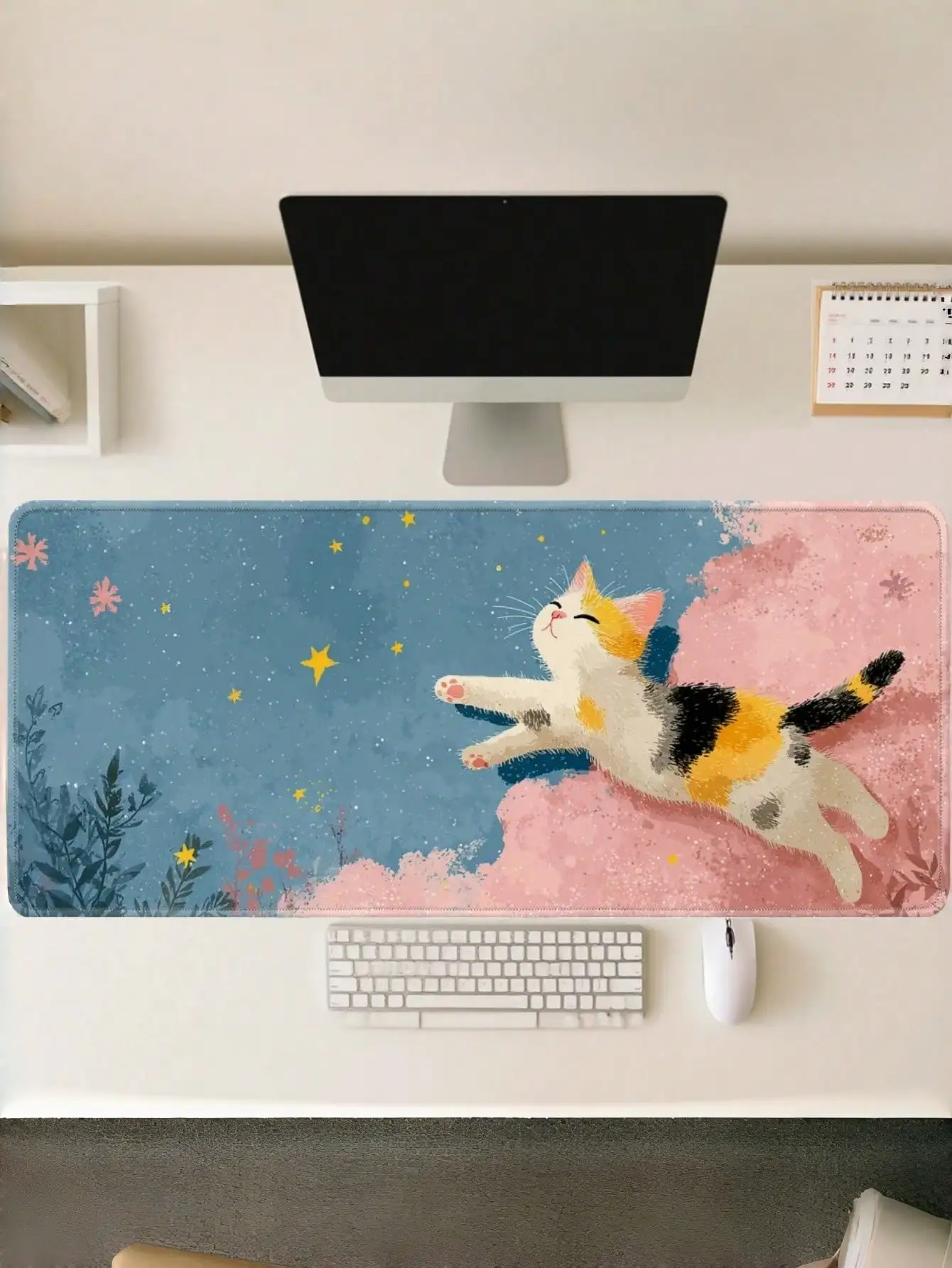 1PC Extra Large Non Slip Rubber Base Waterproof Smooth Durable Stitched Edges Kawaii Pink Clouds Stars Calico Cat Design Gaming Mouse Pad Desk Mat Office Home