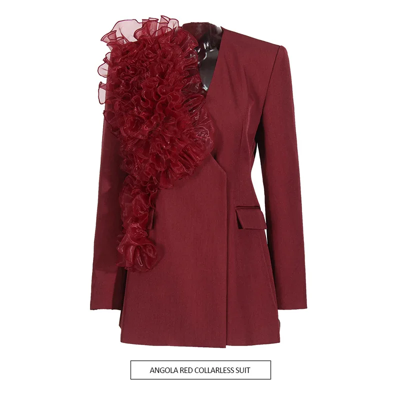 

Temperament retro Angola red suit 2025 new niche splicing mesh design solid color blazer women's summer