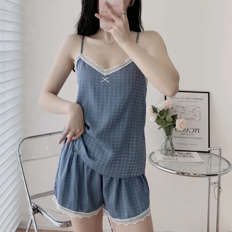 

Summer Houndstooth Jacquard Satin Pajamas Sexy Lace Strap Top&Shorts Pijamas Suit Sleepwear Casual Homewear Intimate Lingerie