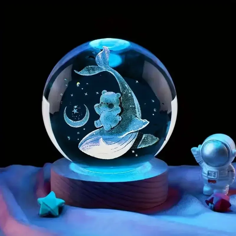 Lampada da notte balena con sfera di cristallo intagliata 3D 1 PC, lampada da tavolo per camera da letto e soggiorno, regalo di san valentino,
