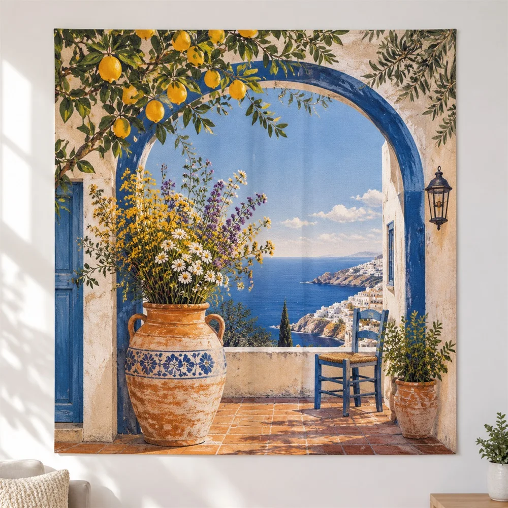 VIKAMA Terracotta Vase Flowers Framed Panel Tapestry Wall Hanging, Mediterranean Wall Decor Tapestries for Nursery Kids Room