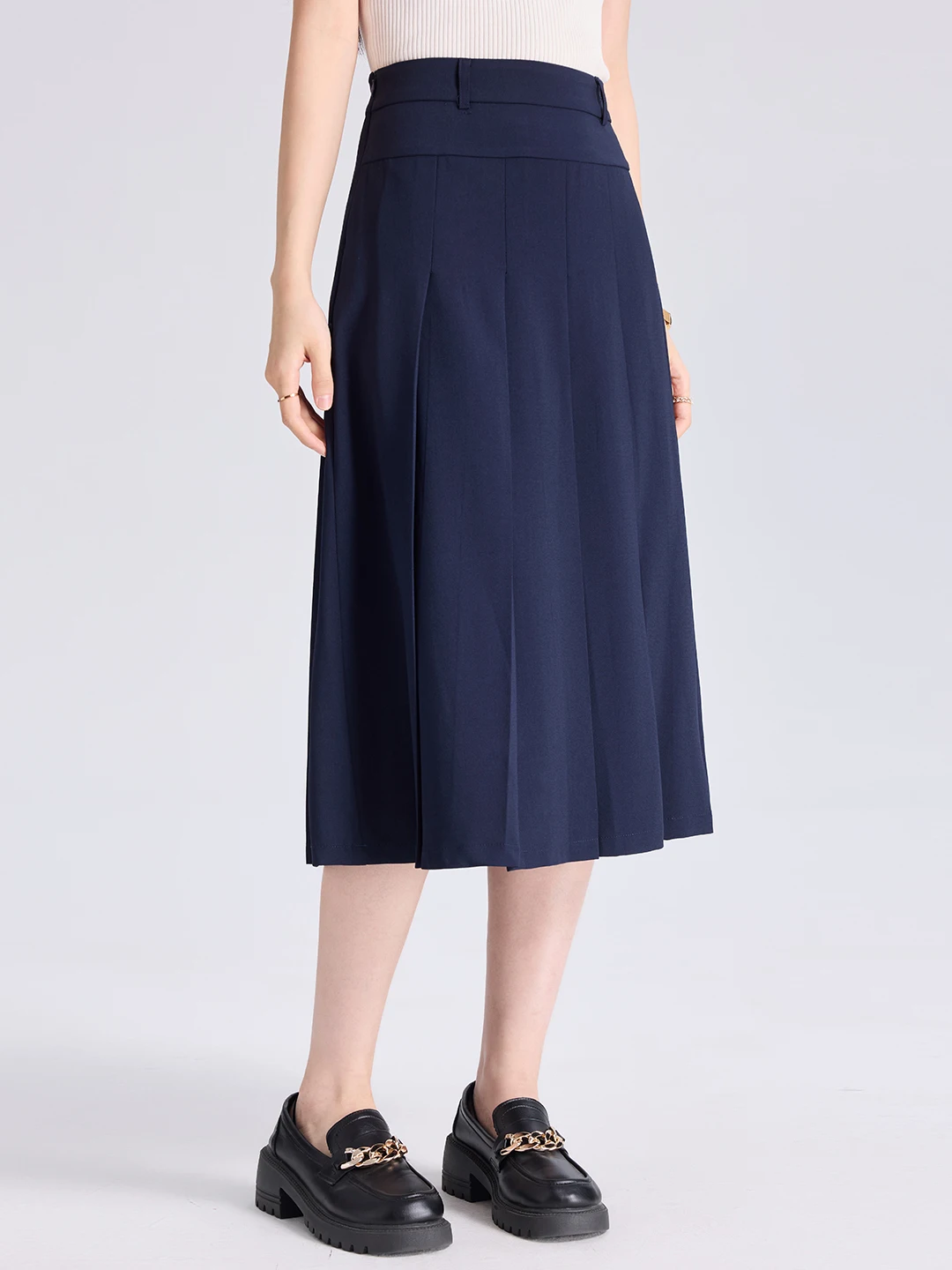Blue A-Line Midi Skirt Women's Professional Suiting Pleated Slimming Interview Dress Polyester Fiber Elastic mid Waist