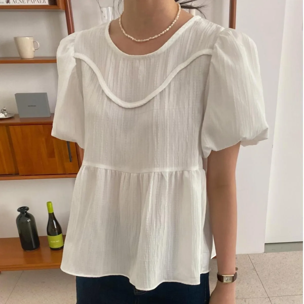 

Chic Summer Women's Shirt round Neck Loose Bubble Sleeve Lace Trim Top Korean Style Commute Fashion Breathable Skin-friendly