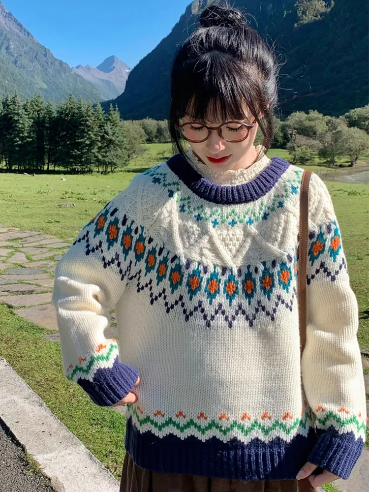 

108 см осенне-зимние пуловеры, свитера, женские винтажные скандинавские ярмарки, элегантные свободные толстые теплые шерстяные вязаные свитера в стиле ретро, куртка