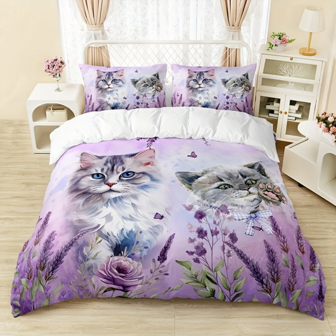 Bedding Set Purple Lavender Lovely Cat 3D Print Soft Comfultable Duvet Cover King Queen Twin Single Size Bithday Gift for Girl