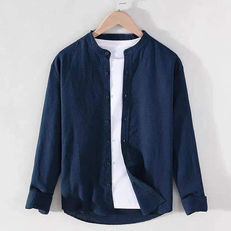 Casual Cotton Linen Shirt Men's Loose Long Sleeve Stand Collar Linen Jacket Breathable Comfortable Summer Fashion Standard Fit
