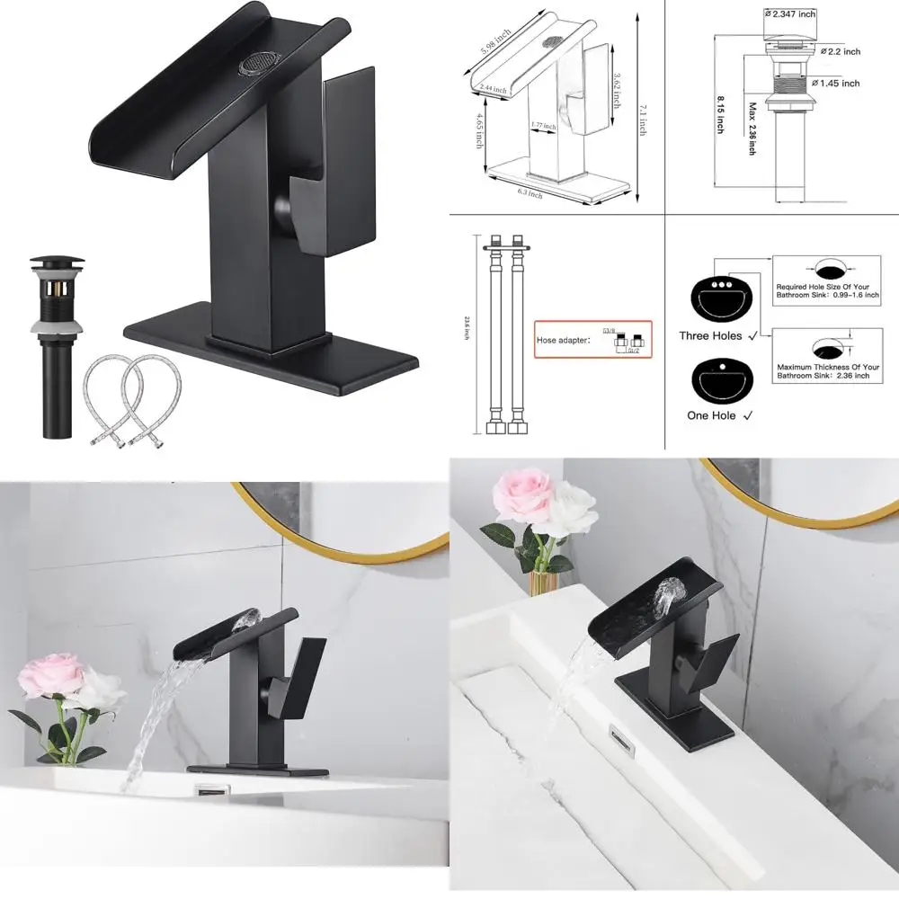 

Single Hole Brass Waterfall Faucet with Overflow and Pop-Up Drain for Lavatory Sink in Black Finish