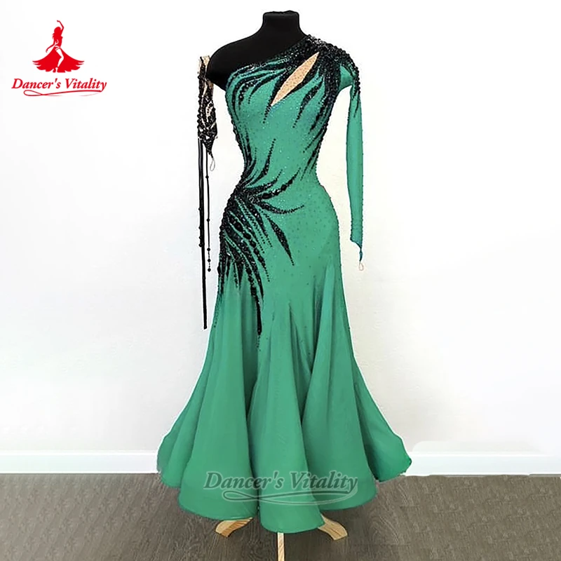 Unilateral Long Sleeve Social Dance Wrapped-hip Dress Custom Adult&Child Waltz Tango Foxtrot Contest Clothing Dancer's Vitality
