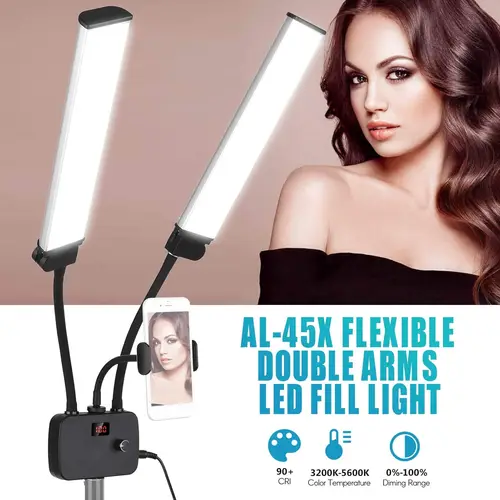 Imagen 1 del producto Luz de relleno LED de brazos dobles flexibles Luces de vídeo LED de belleza regulables bicolor 3 modos de luz con soporte para teléfono para transmisión en vivo