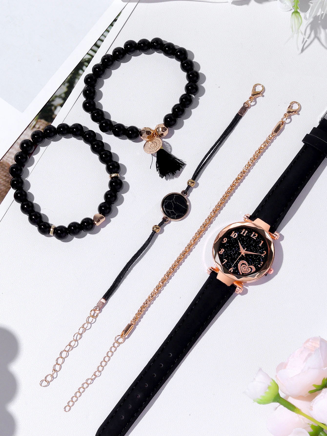 5 unidades, reloj de cuarzo con cinturón negro de cielo estrellado para mujer, juego de combinación de pulsera