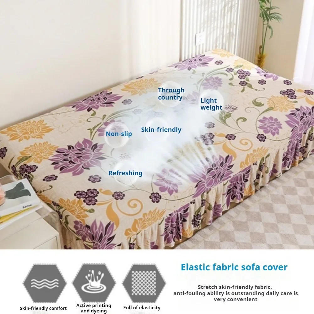 Simple Stretch Armless Sofa Bed Cover All-inclusive Foldable Sofa Cover with Skirt Sofa Cover Machine Washable for All Seasons