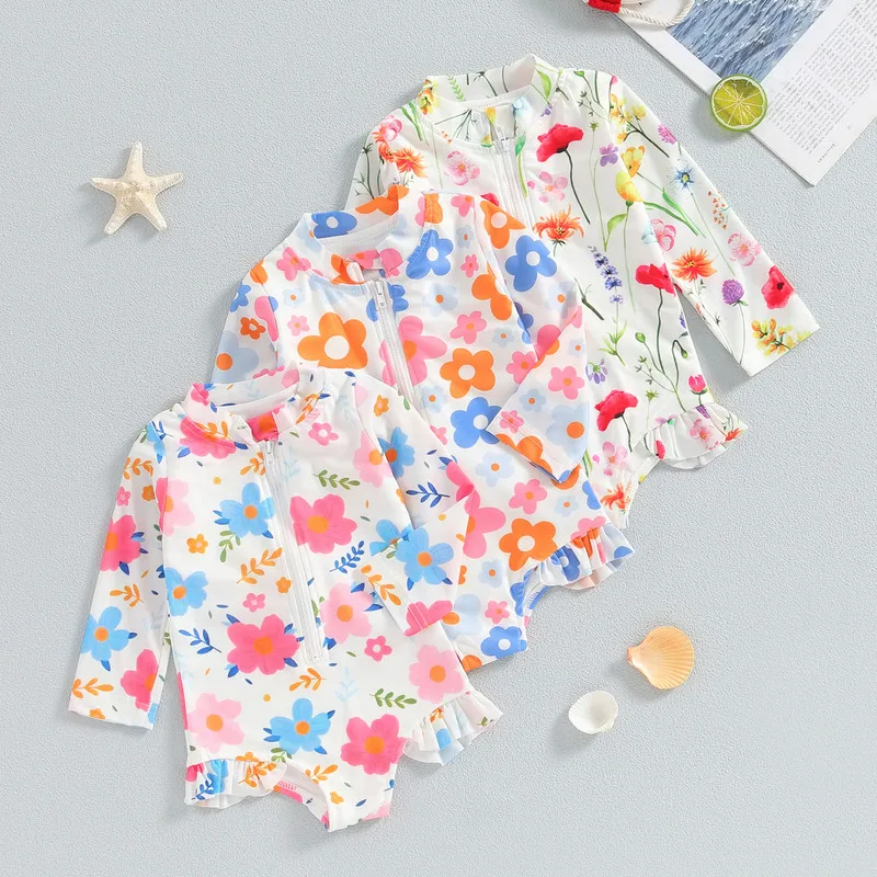 

Baby Girl Rash Guard Swimsuits Summer Floral Print Zipper Long Sleeve Swimwear for Toddler Bathing Suits Beachwear