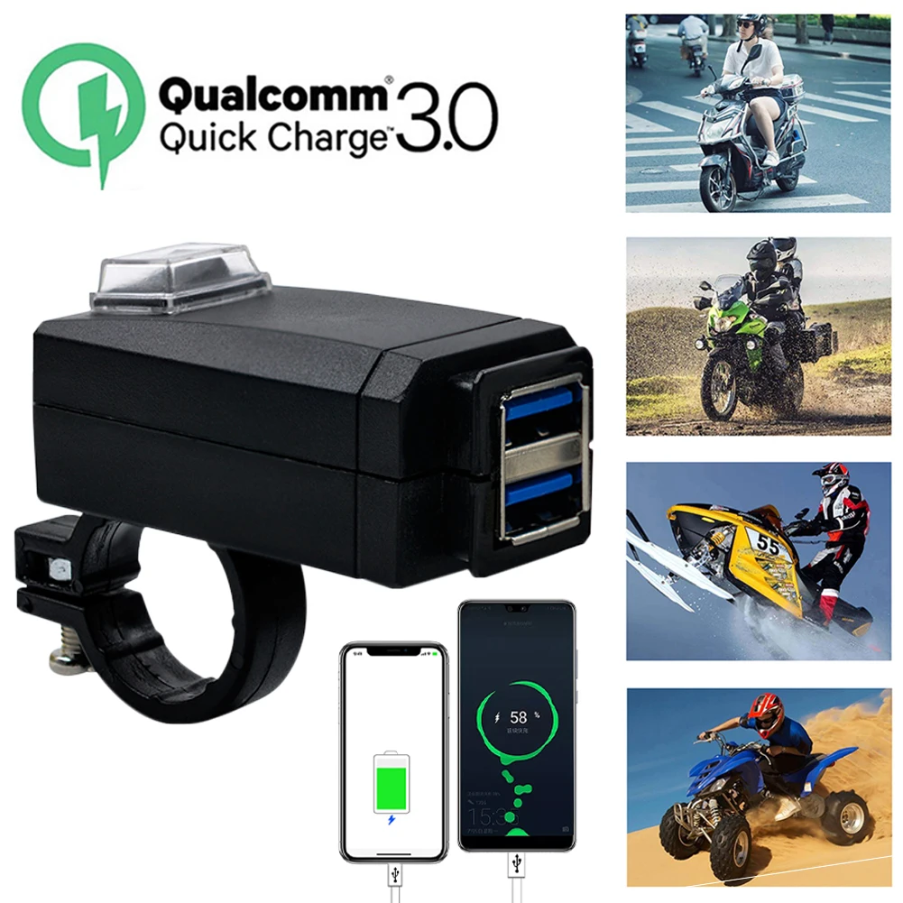 شاحن دراجة نارية مقاوم للماء مع USB مزدوج ، شاحن سريع التغيير ، محول إمداد طاقة 12 فولت ، عالمي QC