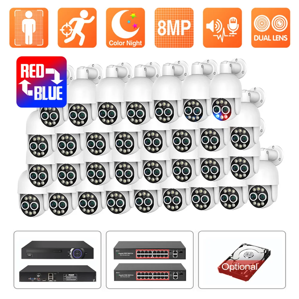 36CH NVR 8MP Security Camera System 4K PTZ 8X Hybrid Zoom 2.8-12mm Dual Lens POE Camera AI Face Detection Two Way Audio