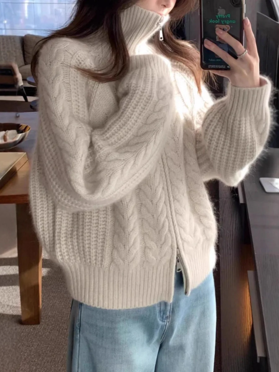 

New Autumn Winter 100% Wool Hooded Cardigan Women Thick Warm Zipper Long Sleeve Casual Commute Plus Size Tops Outwear