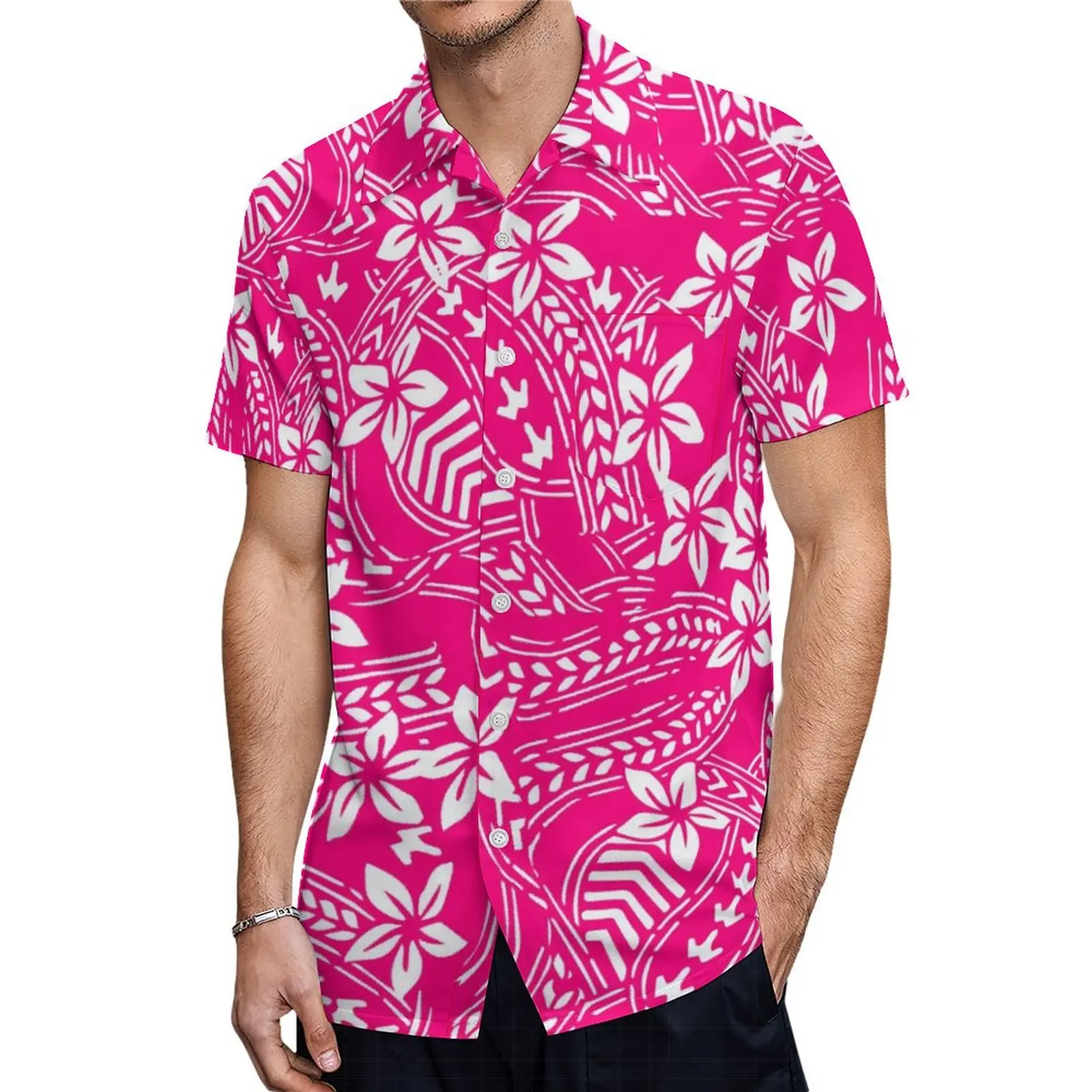 Hawaiian Floral Theme Women'S Crew Neck Dress And Men'S Short Sleeve Shirt Polynesian Design Print 